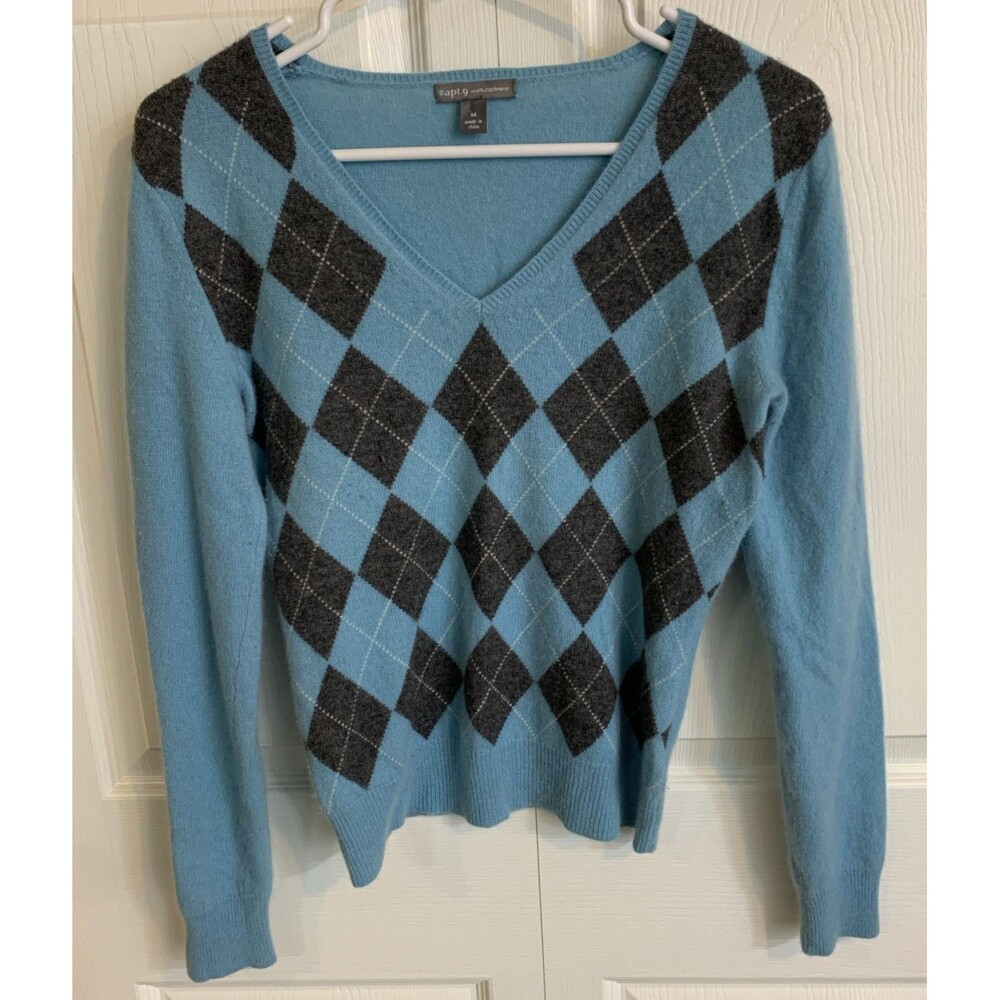 Apt 9 100% Cashmere V Neck Pullover Sweater Womans S Blue Gray Diamond Pattern